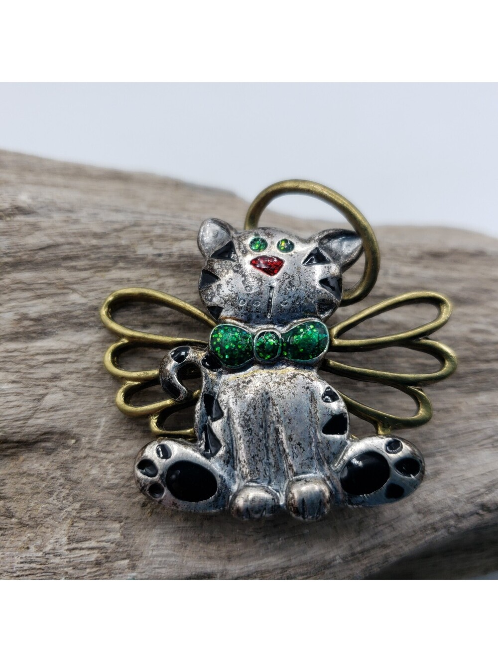 Angel Kitty Cat Brooch Pewter and Gold Tone Metal Enamel Accents Pin Kitten